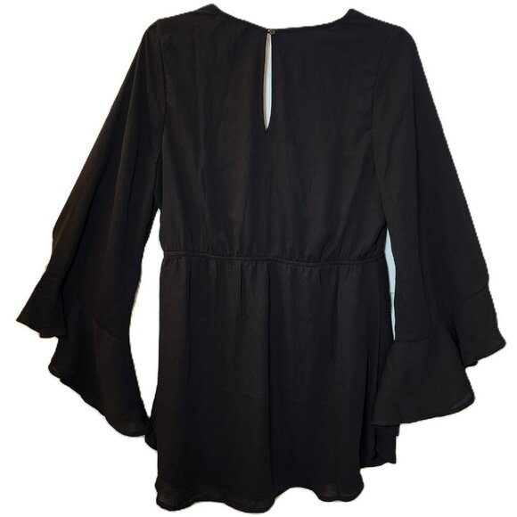 Freebird Black Boho Bell Sleeve Mini Dress Size L Deep V-Neck Flowy Festival - Picture 3 of 11
